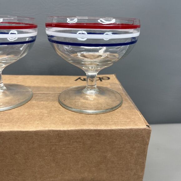 VTG Clear Glass Sherbet Dessert Bowls Footed Dishes Red White Blue Accent Rims - Picture 4 of 9